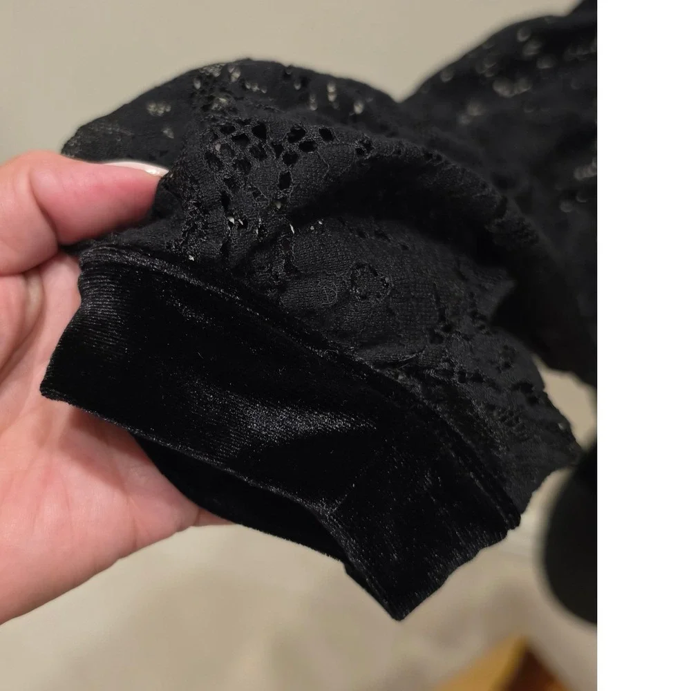 Free People Black Velvet Lace Sleeve Mock Neck Top XS Whimsigoth Gothic romance